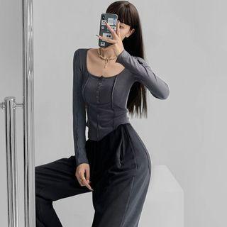 Long-sleeve U-neck Henley
