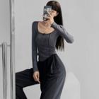 Long-sleeve U-neck Henley