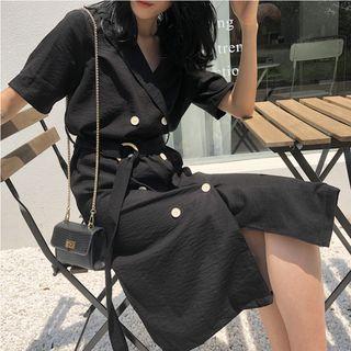 Short-sleeve Double-breasted Dress With Sash