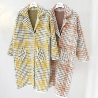 V-neck Plaid Medium Long Jacket