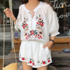 Set: Embroidered Elbow-sleeve Blouse + Shorts