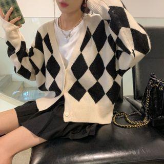 V-neck Check Cardigan Beige & Black - One Size