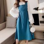 Flared-cuff Shirred Blouse / Midi A-line Jumper Dress Peacock Blue - One Size