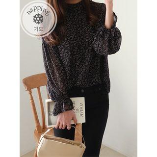 Mandarin-collar Puff-sleeve Floral Blouse