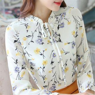 3/4-sleeve Floral Print Tie-neck Chiffon Blouse
