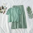 Set: Short-sleeve Plain T-shirt + Check A-line Skirt