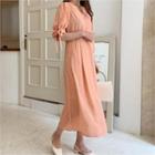 V-neck Tie-sleeve Dotted Dress Pink - One Size
