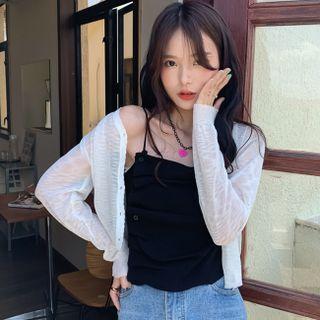 Ruched Knit Camisole Top / Long-sleeve Light Cardigan