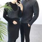 Couple Matching Set: V-neck Knitted Camisole Top + High Waist Knitted Skirt / V-neck Sweater