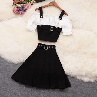 Set: Short-sleeve Paneled Blouse + Mini A-line Skirt