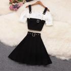 Set: Short-sleeve Paneled Blouse + Mini A-line Skirt
