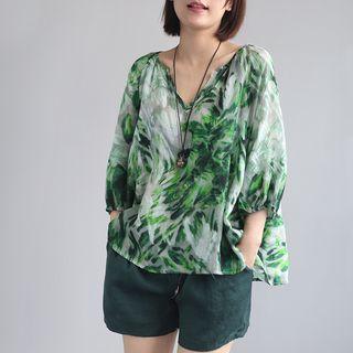 3/4-sleeve Printed Top Ink - Green - One Size