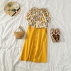 Set: Off-shoulder Patterned Top + Single-breasted Midi Skirt Yellow - One Size