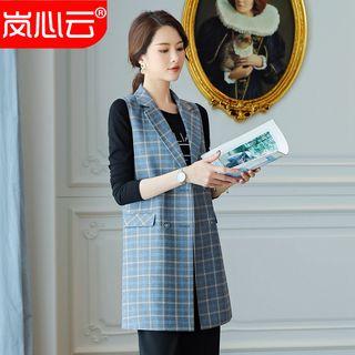 Plaid Double-breasted Long Vest / Dress Pants / Set