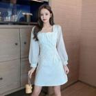 Long-sleeve Lace-up Frill Trim Mini A-line Dress