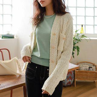 Dual-pocket Metallic-button Cardigan