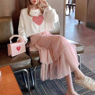 Set: Sequined Heart Cropped Sweatshirt + Tiered Maxi Mesh Skirt