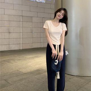 Round-neck Plain Top / High-waist Plain Straight-cut Pants