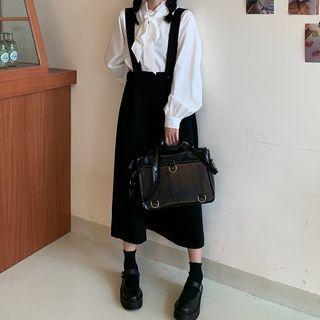 Long-sleeve Ruffle Trim Tie Neck Blouse / Plain Overall Dress
