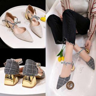 Block-heel Lettering Strap Pumps