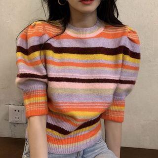 Short-sleeve Striped Knit Top Striped - Purple & Pink & Orange - One Size