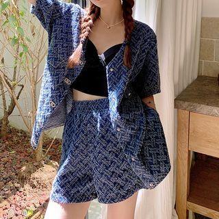 Set: Elbow-sleeve Denim Jacket + Wide Leg Shorts