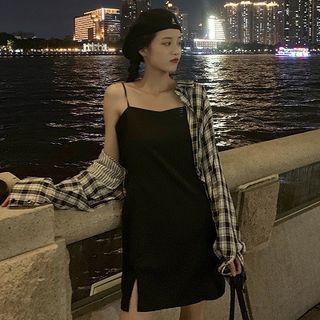 Plaid Shirt / Spaghetti Strap Split Dress