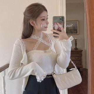 Long-sleeve Lace Trim Cardigan / Lace Panel Halter Camisole