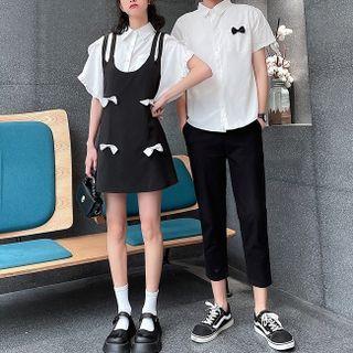 Couple Matching Short-sleeve Shirt / Bow Mini A-line Overall Dress / Pants