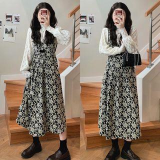 Lace Blouse / Flower Print Midi Overall Dress