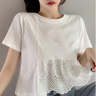 Short-sleeve Eyelet Panel Cropped T-shirt