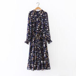 Bird Print Long Sleeve Midi Dress