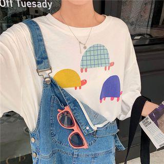 Turtle Print Elbow-sleeve T-shirt White - One Size