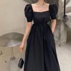 Puff-sleeve Cut-out Drawstring Midi A-line Dress