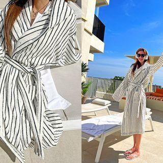 Striped Terry Robe Cardigan Ivory - One Size