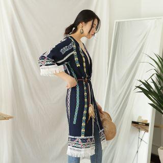 Fringed-hem Pattern Robe Cardigan With Cord