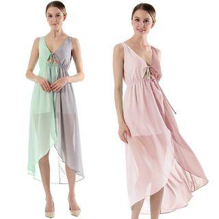 Two-tone Sleeveless Dip-back Midi Chiffon Dress