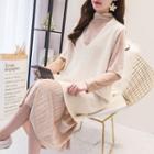 Set: Mock-neck Long-sleeve Pleated Dress + V-neck Long Knit Vest