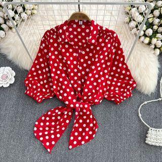 Short Sleeve Tie Waist Dotted Shirt