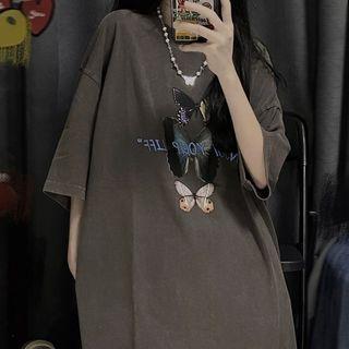 Short Sleeve Lettering Butterfly Loose-fit T-shirt