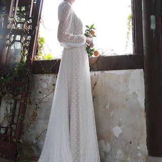 Long-sleeve See-through Dotted Dress