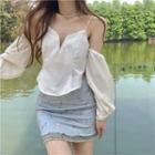 Balloon-sleeve Cold-shoulder Top / Floral Print Mini A-line Skirt