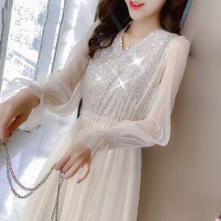 Long-sleeve Sequin Midi A-line Dress