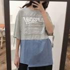 Elbow-sleeve Color Block Vintage Letter T-shirt