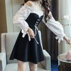 Two-tone Off-shoulder Long-sleeve Mini A-line Dress