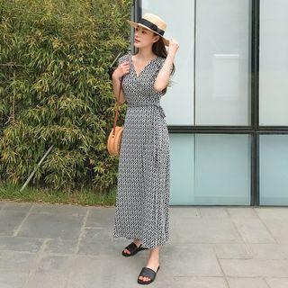 Patterned Maxi Surplice-wrap Dress Black - One Size