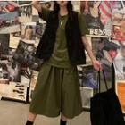 Letter Embroidered Short-sleeve T-shirt / Pocket Detail Vest / Midi A-line Skirt