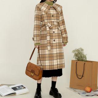 Single Breasted Lapel Gingham Coat Khaki - One Size