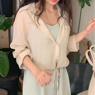Long Sleeve Plain Drawstring Shirt