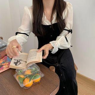 V-neck Puff-sleeve Velvet Dress Black - One Size